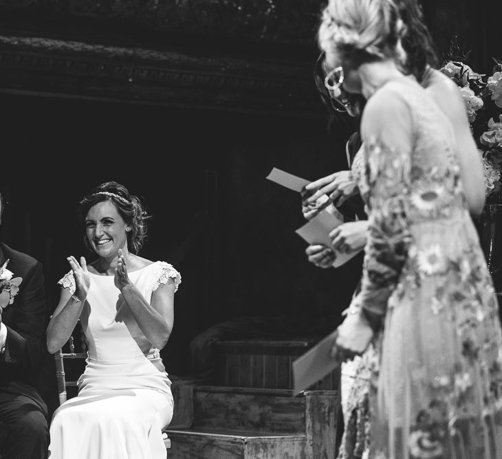 Wiltons Music Hall Wedding With Bride In Paloma Blanca And Bridesmaids In Sequinned Adrianna Papell Gowns Images By Jackson & Co Photography