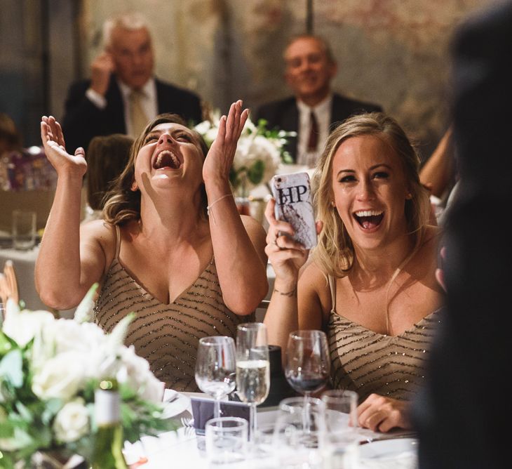 Wiltons Music Hall Wedding With Bride In Paloma Blanca And Bridesmaids In Sequinned Adrianna Papell Gowns Images By Jackson & Co Photography