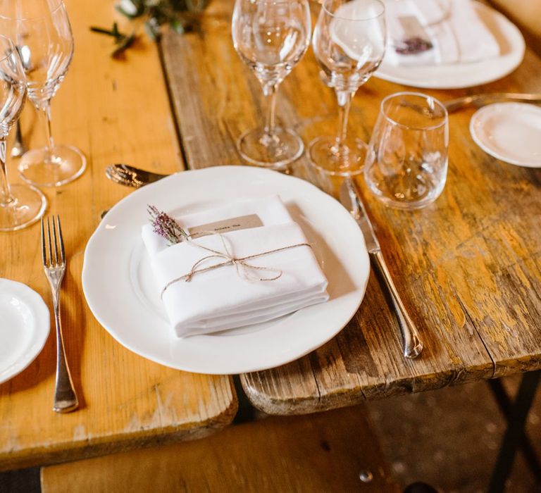 Simple Place Setting For Wedding | Wooden Trestle Tables | Wedding Reception At Brixton East | Image by Ellie Gillard Photography