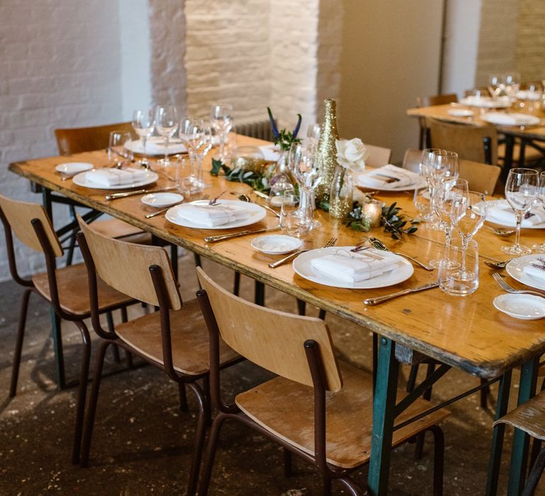 Simple Place Setting For Wedding | Wooden Trestle Tables | Wedding Reception At Brixton East | Image by Ellie Gillard Photography