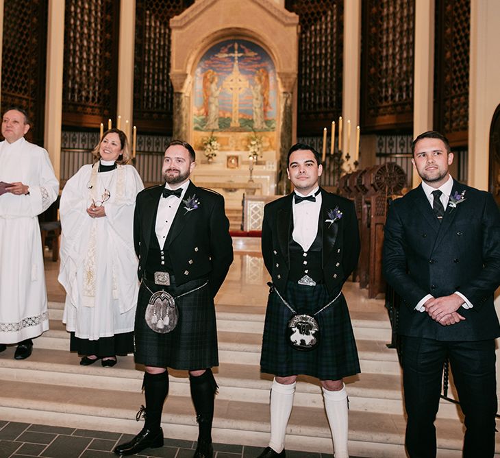 Groomsmen at the Trinity Cathedral Altar | Stylish Wedding at the M Building in the Miami Art District | Sara Lobla Photography