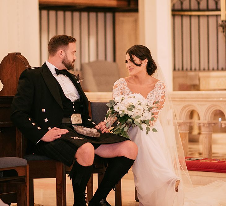 Wedding Ceremony at Trinity Cathedral, Miami | Bride in Lace Anne Barge Wedding Dress | Groom in Kilt & Sporran | Sara Lobla Photography