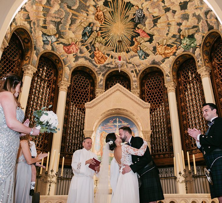 Wedding Ceremony at Trinity Cathedral, Miami | Bride in Lace Anne Barge Wedding Dress | Groom in Kilt & Sporran | Sara Lobla Photography