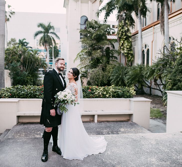 Bride in Lace Anne Barge Wedding Dress | Groom in Kilt & Sporran | Stylish Wedding at the M Building in the Miami Art District | Sara Lobla Photography