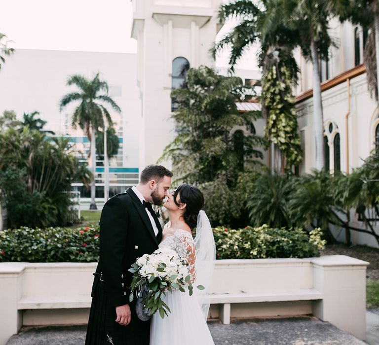 Bride in Lace Anne Barge Wedding Dress | Groom in Kilt & Sporran | Stylish Wedding at the M Building in the Miami Art District | Sara Lobla Photography