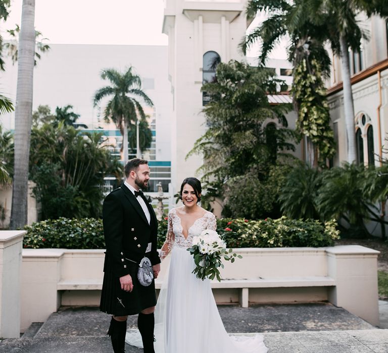 Bride in Lace Anne Barge Wedding Dress | Groom in Kilt & Sporran | Stylish Wedding at the M Building in the Miami Art District | Sara Lobla Photography