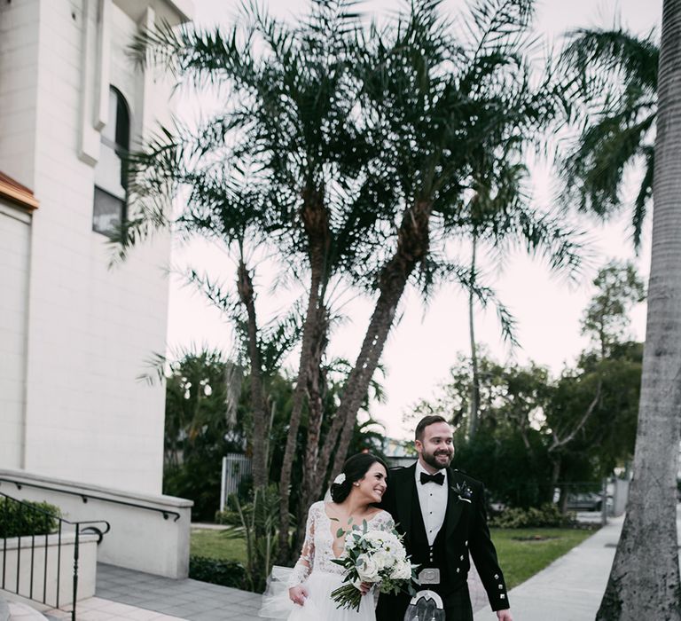 Bride in Lace Anne Barge Wedding Dress | Groom in Kilt & Sporran | Stylish Wedding at the M Building in the Miami Art District | Sara Lobla Photography