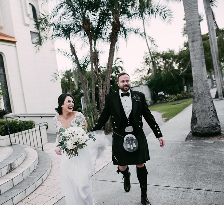 Bride in Lace Anne Barge Wedding Dress | Groom in Kilt & Sporran | Stylish Wedding at the M Building in the Miami Art District | Sara Lobla Photography