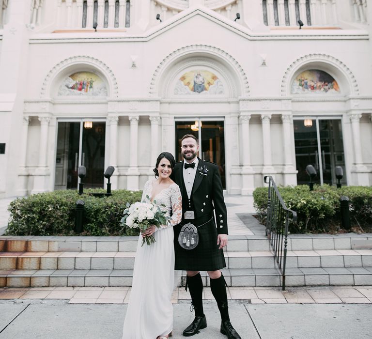 Bride in Lace Anne Barge Wedding Dress | Groom in Kilt & Sporran | Stylish Wedding at the M Building in the Miami Art District | Sara Lobla Photography