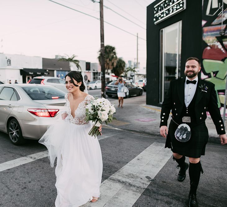 Bride in Lace Anne Barge Wedding Dress | Groom in Kilt & Sporran | Stylish Wedding at the M Building in the Miami Art District | Sara Lobla Photography