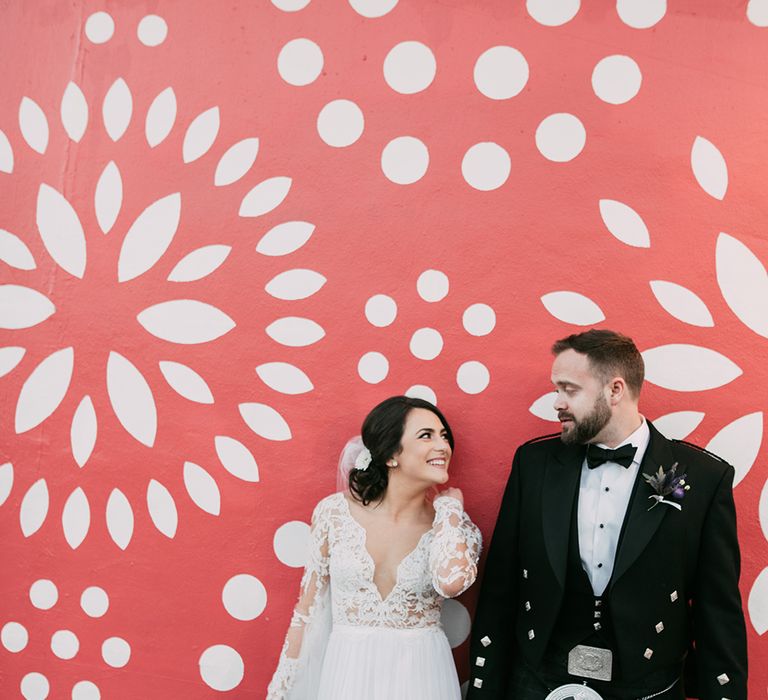 Bride in Lace Anne Barge Wedding Dress | Groom in Kilt & Sporran | Stylish Wedding at the M Building in the Miami Art District | Sara Lobla Photography