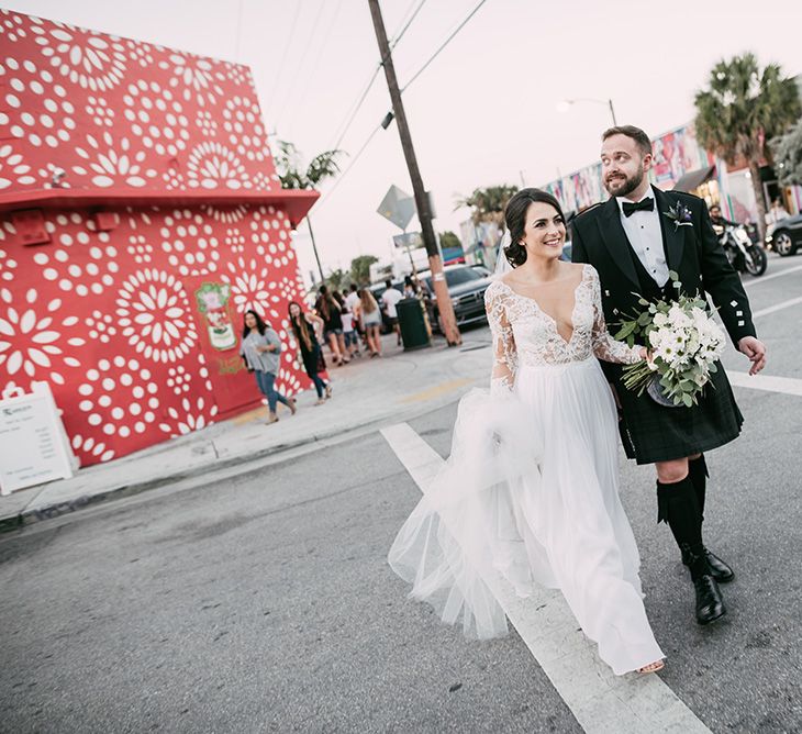 Bride in Lace Anne Barge Wedding Dress | Groom in Kilt & Sporran | Stylish Wedding at the M Building in the Miami Art District | Sara Lobla Photography