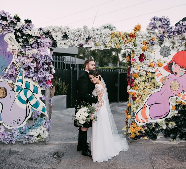 Bride in Lace Anne Barge Wedding Dress | Groom in Kilt & Sporran | Stylish Wedding at the M Building in the Miami Art District | Sara Lobla Photography