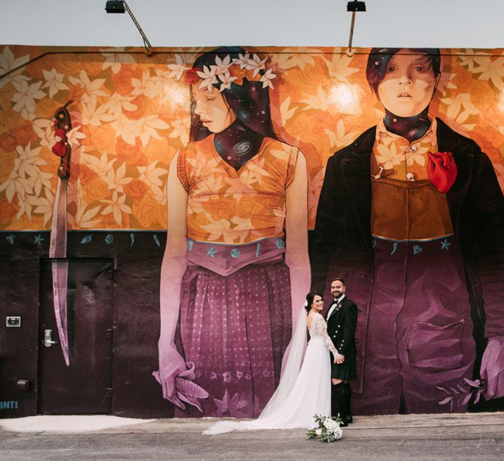 Bride in Lace Anne Barge Wedding Dress | Groom in Kilt & Sporran | Stylish Wedding at the M Building in the Miami Art District | Sara Lobla Photography