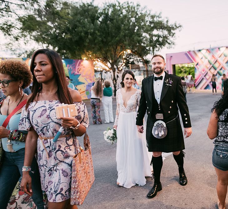 Bride in Lace Anne Barge Wedding Dress | Groom in Kilt & Sporran | Stylish Wedding at the M Building in the Miami Art District | Sara Lobla Photography