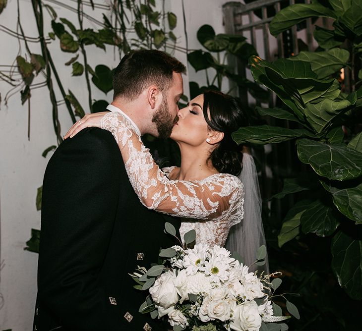 Bride in Lace Anne Barge Wedding Dress | Groom in Kilt & Sporran | Stylish Wedding at the M Building in the Miami Art District | Sara Lobla Photography