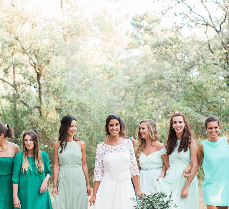 Bridesmaids in Mis-match Green Dresses