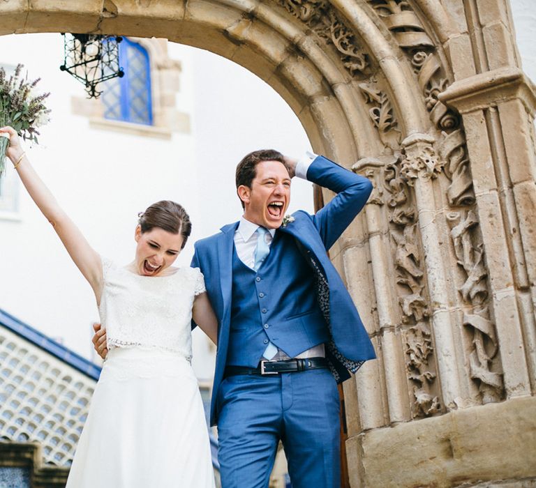 Bride in Verónica Miranda Bridal Separates & Groom in Navy Suit by The Fitters