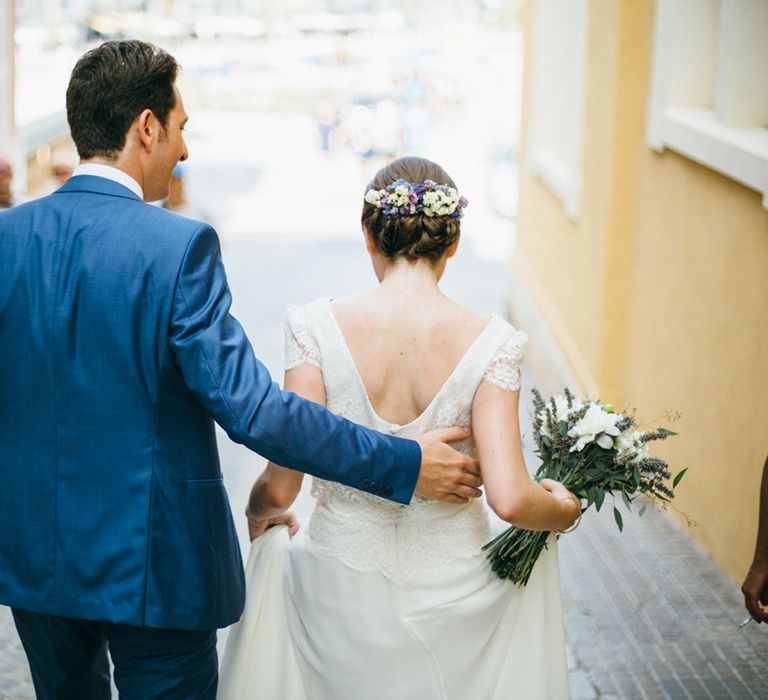 Bride in Verónica Miranda Bridal Separates & Groom in Navy Suit by The Fitters