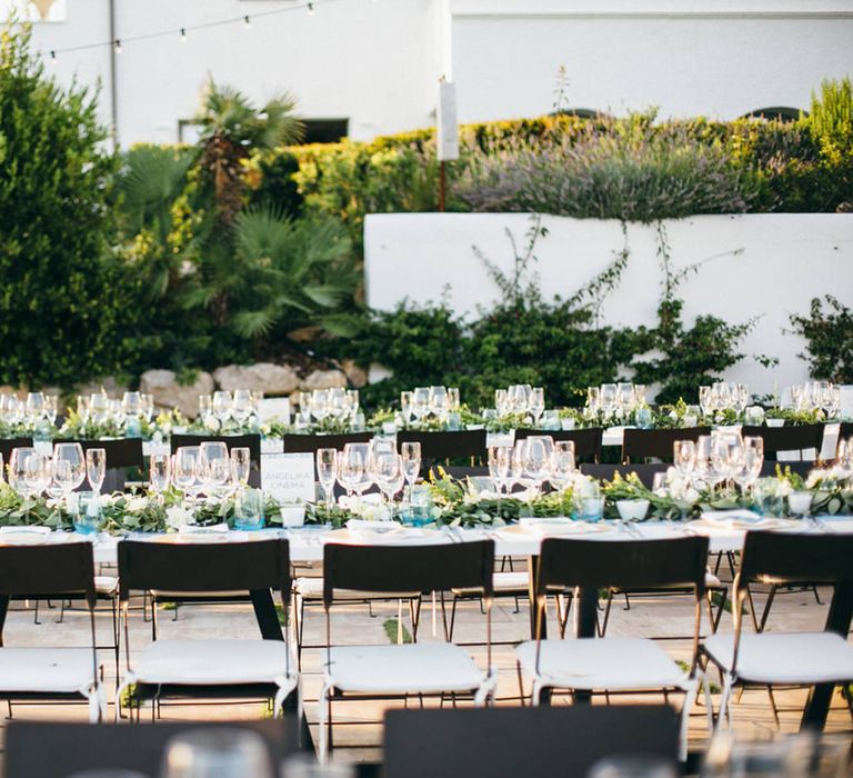 Rustic Table Scape with White & Greenery Floral Table Runners