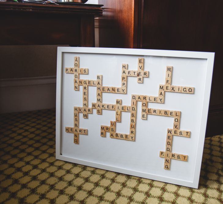 Scrabble Tile Wall Art | Industrial Wedding at The West Mill Venue | Sarah Gray Photography