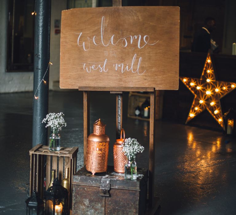 Wooden Welcome Sign Wedding Decor | Industrial Wedding at The West Mill Venue | Sarah Gray Photography