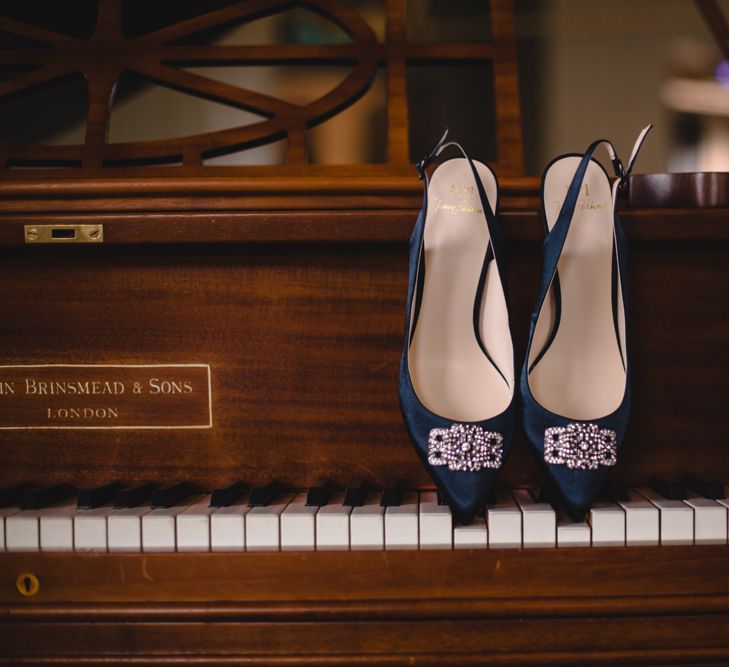 No. 1 Jenny Packham Navy Jewel Bridal Shoes | Industrial Wedding at The West Mill Venue | Sarah Gray Photography