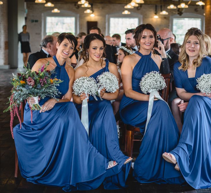 Bridesmaids in Midnight Blue Multiway Dresses | Industrial Wedding at The West Mill Venue | Sarah Gray Photography