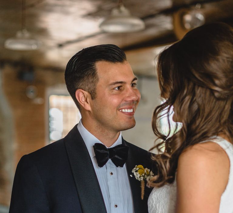 Bride in Pronovias Ornani Bridal Gown & Veil | Groom in Charles Tyrwitt Midnight Blue Tuxedo | Industrial Wedding at The West Mill Venue | Sarah Gray Photography