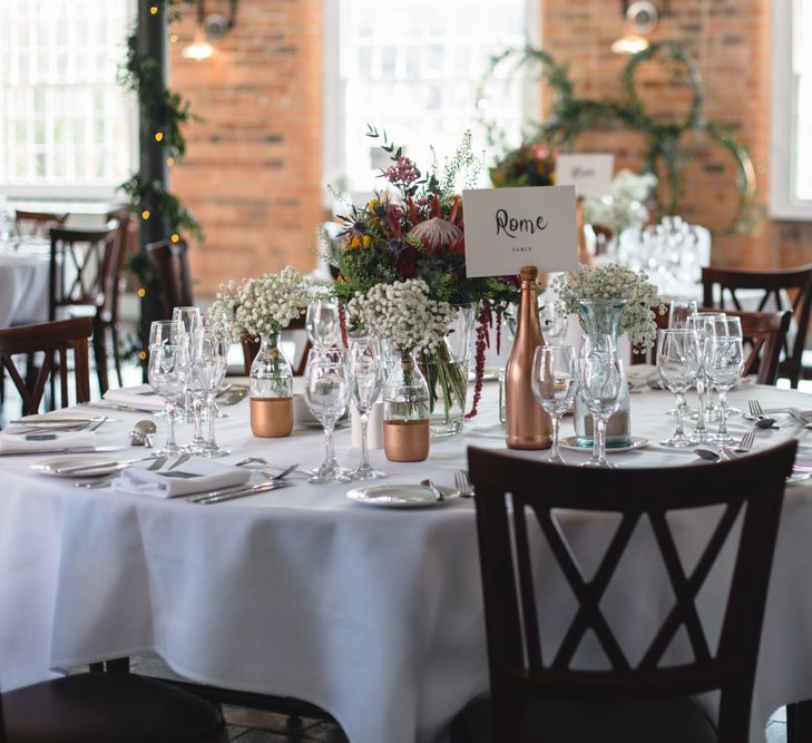 Table Centrepieces | | Industrial Wedding at The West Mill Venue | Sarah Gray Photography