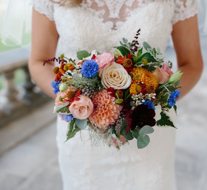 Bright Bridal Bouquet | Bride in Lace Eternity Bride Wedding Dress | Christine Wehrmeier Photography