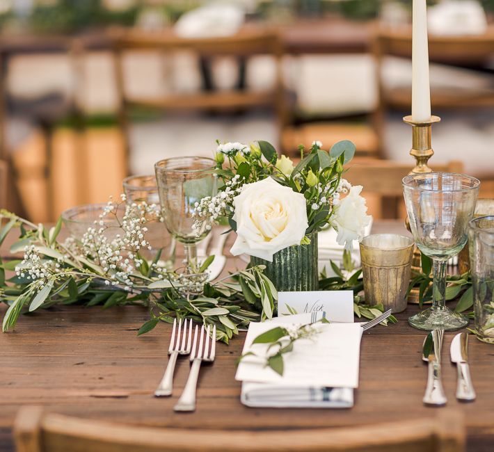 Greenery Table Runner | Rustic Soho Farmhouse Ceremony with PapaKata Sperry Tent Greenery filled Reception | Marianne Taylor Photography | Will Warr Films