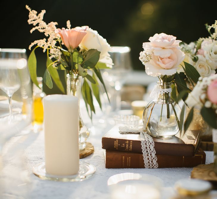 Antique Books Tied with Lace Ribbon & Flower Stems in Vases Table Centrepiece