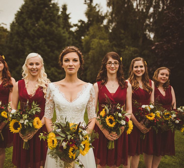 Red Bridesmaids Dresses Sunflower Bouquets