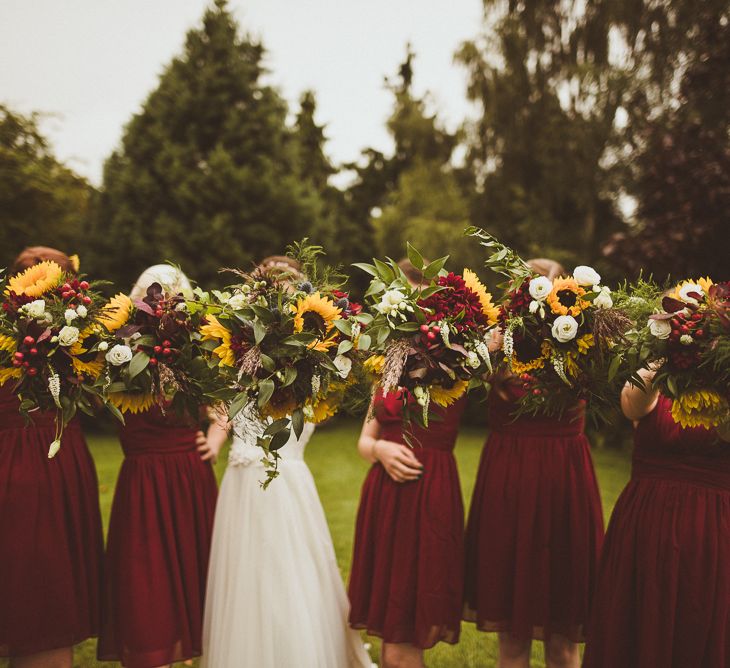 Red Bridesmaids Dresses Sunflower Bouquets