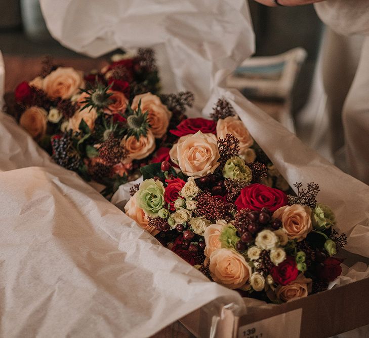 Red & Orange Bouquets | DIY Lord of the Rings Themed Wedding at Monks Barn in Maidenhead | Jason Mark Harris Photography | Cinematic Films By J