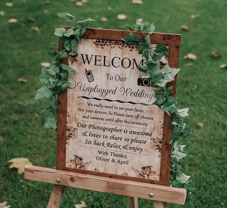 Unplugged Wedding Ceremony Sign | DIY Lord of the Rings Themed Wedding at Monks Barn in Maidenhead | Jason Mark Harris Photography | Cinematic Films By J