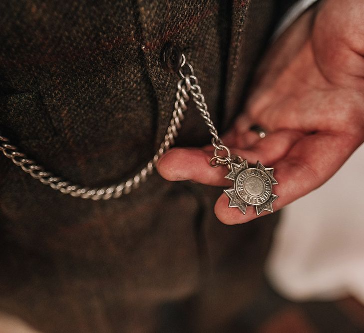 Pocket Watch | Groom in Tweed Walker Slater Suit | DIY Lord of the Rings Themed Wedding at Monks Barn in Maidenhead | Jason Mark Harris Photography | Cinematic Films By J