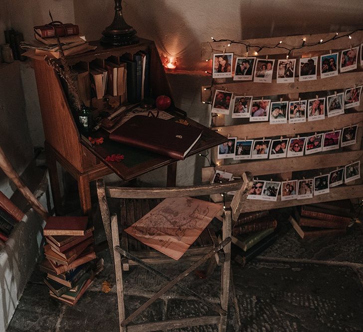 Vintage Writing Desk Guest Book Area | DIY Lord of the Rings Themed Wedding at Monks Barn in Maidenhead | Jason Mark Harris Photography | Cinematic Films By J