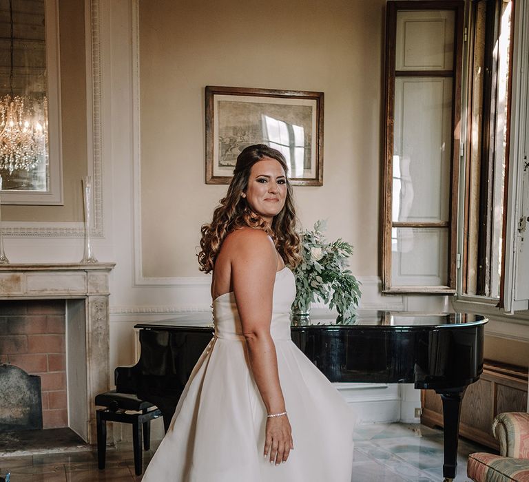 Bride in Monique Lhuillier Gown | Super Luxe Blush, White & Greenery Destination Wedding at Villa Pitiana, Tuscany, Italy | Jason Mark Harris Photography | Angelo La Torre Film