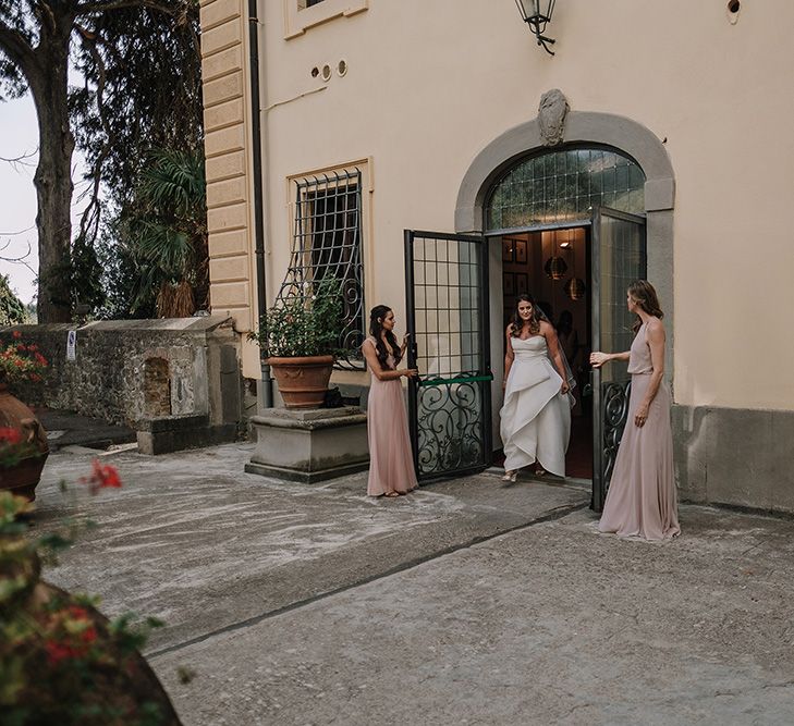 Bride & Bridesmaids in Monique Lhuillier Gowns | Super Luxe Blush, White & Greenery Destination Wedding at Villa Pitiana, Tuscany, Italy | Jason Mark Harris Photography | Angelo La Torre Film