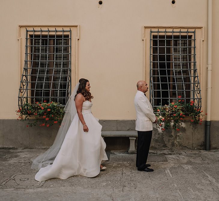 Father of the Bride First Look | Bride in Monique Lhuillier Gown | Super Luxe Blush, White & Greenery Destination Wedding at Villa Pitiana, Tuscany, Italy | Jason Mark Harris Photography | Angelo La Torre Film