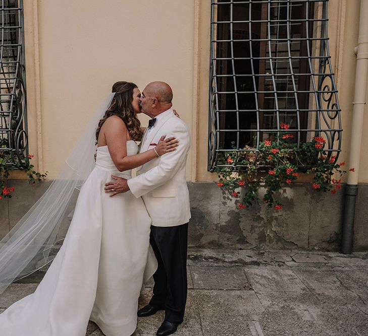 Father of the Bride First Look | Bride in Monique Lhuillier Gown | Super Luxe Blush, White & Greenery Destination Wedding at Villa Pitiana, Tuscany, Italy | Jason Mark Harris Photography | Angelo La Torre Film