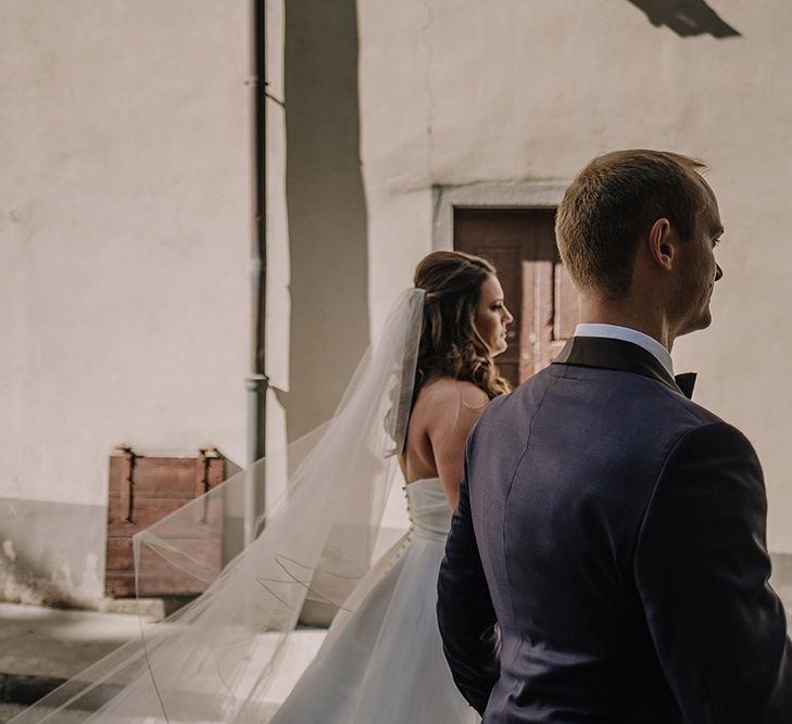 Bride in Monique Lhuillier Gown | Groom in Tuxedo | Super Luxe Blush, White & Greenery Destination Wedding at Villa Pitiana, Tuscany, Italy | Jason Mark Harris Photography | Angelo La Torre Film