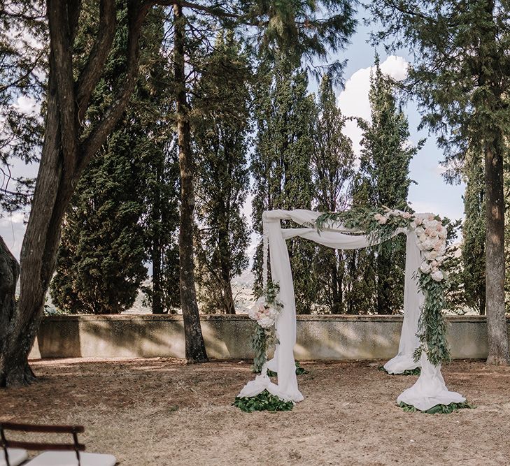 Drapes & Floral Altar | Super Luxe Blush, White & Greenery Destination Wedding at Villa Pitiana, Tuscany, Italy | Jason Mark Harris Photography | Angelo La Torre Film