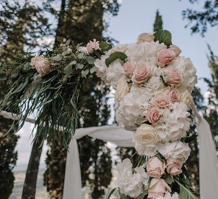 White & Blush Floral Arch Flowers | Super Luxe Blush, White & Greenery Destination Wedding at Villa Pitiana, Tuscany, Italy | Jason Mark Harris Photography | Angelo La Torre Film