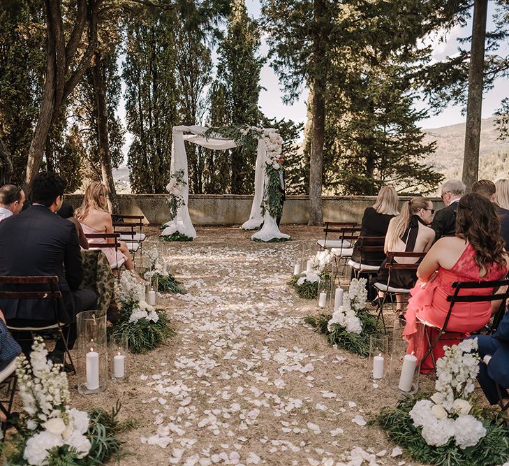 Aisle & Altar Style | Flower Petals | Drapped Altar | Super Luxe Blush, White & Greenery Destination Wedding at Villa Pitiana, Tuscany, Italy | Jason Mark Harris Photography | Angelo La Torre Film