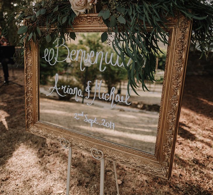 Mirror Wedding Sign | Super Luxe Blush, White & Greenery Destination Wedding at Villa Pitiana, Tuscany, Italy | Jason Mark Harris Photography | Angelo La Torre Film