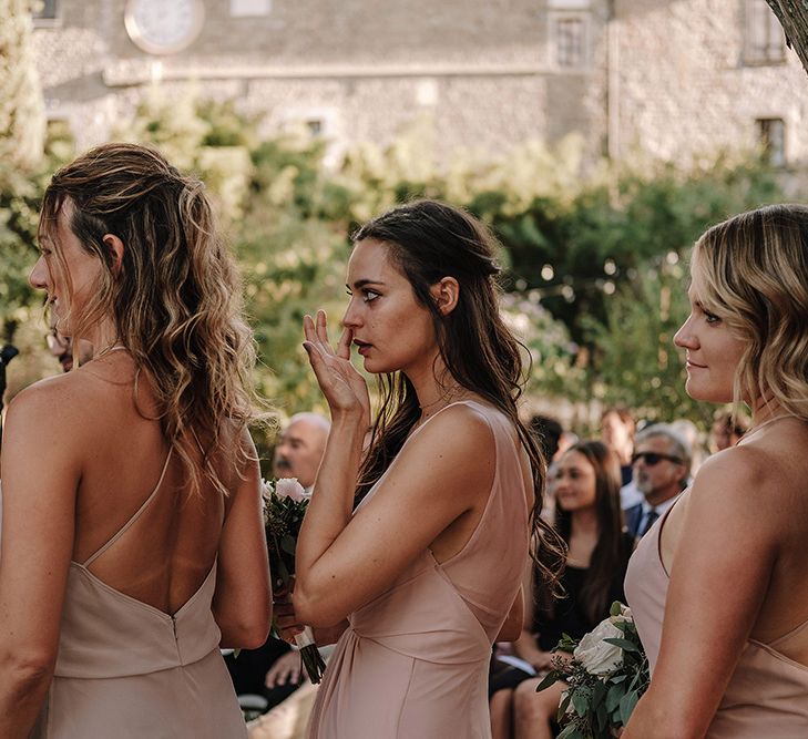 Wedding Ceremony | Bridesmaids in Monique Lhuillier Gown | Super Luxe Blush, White & Greenery Destination Wedding at Villa Pitiana, Tuscany, Italy | Jason Mark Harris Photography | Angelo La Torre Film