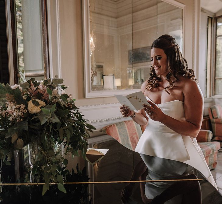 Bride in Monique Lhuillier Gown | Super Luxe Blush, White & Greenery Destination Wedding at Villa Pitiana, Tuscany, Italy | Jason Mark Harris Photography | Angelo La Torre Film